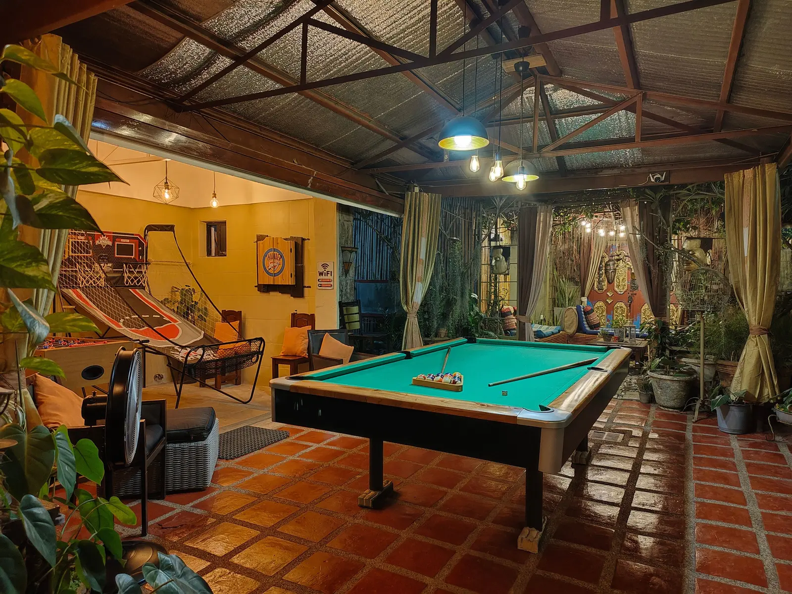The billiard hall with the basketball arcade behind