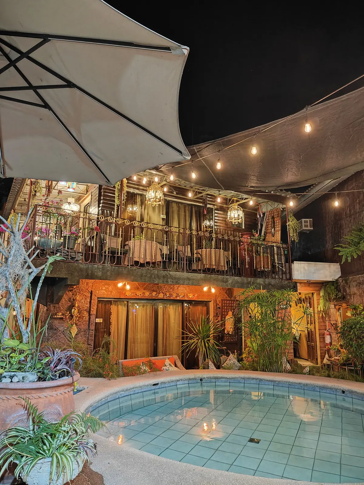 The pool beside the wooden cabin with plants on the steps